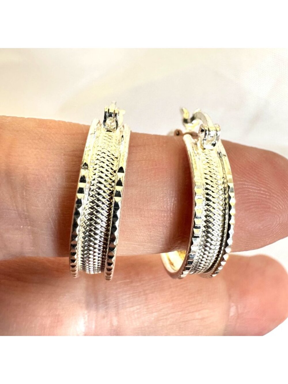 Textured Sterling Silver 925 Hoop Earrings Hinged Posts Size 1'' Length